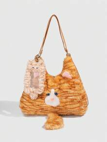 ROMWE Kawaii 1 chú mèo bông màu vàng dễ thương theo phong cách sinh viên, túi đeo nách hình mèo đuôi dài, túi tote đi làm dung tích lớn dùng hàng ngày vào mùa thu và một túi đựng thẻ hình mèo nhỏ để phù hợp với ba lô - trái cam - Xem 1