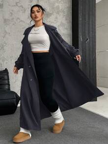SHEIN EZwear 大码女式纯色翻领灯笼袖双排扣长款休闲风衣夹克，秋季 - 灰色 - 查看 6