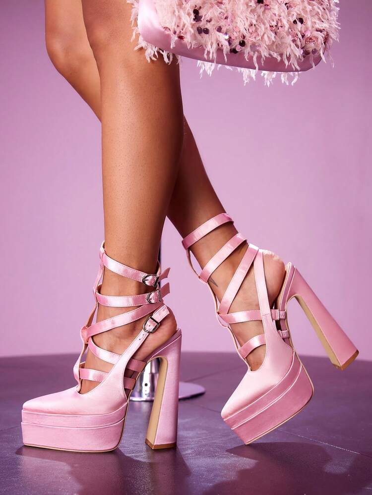 CUCCOO LuxiPop Zapatos de tacón alto y plataforma de punta fina para mujer, con parte superior de tela, cómodos y de moda para uso diario, fiestas y banquetes, con diseño de correa cruzada y cierre de hebilla sin talón