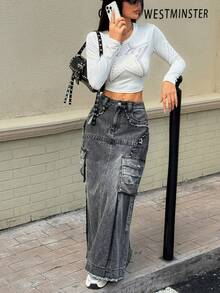 Rivivi 女式休闲水洗加长牛仔工装裙 - 深灰色 - 查看 3