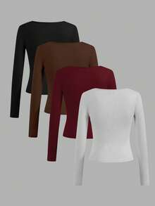 SHEIN EZwear 4件/套 女士休闲圆领T恤，纯色，适合秋冬季节，可叠穿、户外穿着、打底衫 - 彩色 - 查看 2