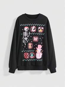ROMWE Áo nỉ cổ tròn in hình đầu lâu Gothic dành cho nữ, chủ đề Giáng sinh - màu đen - Xem 2