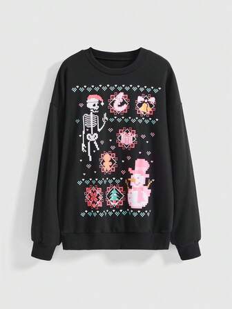 Goth Sudadera de cuello redondo con estampado de arte de píxeles de calavera gótica, tema navideño para mujer