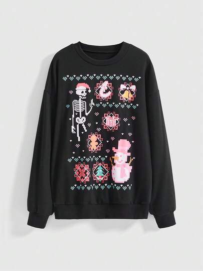 Goth Sudadera de cuello redondo con estampado de arte de píxeles de calavera gótica, tema navideño para mujer