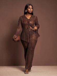 Veslaya Party Exclusive 2025 New Women's Plus Size Sexy/Party/Club/Nightclub Lace Sheer Bodycon Brown Khaki Lapel Tie-Up Flare Sleeve Cardigan With Elastic Waist Wide Leg Long Pants 2-Piece Set CaramelCore Brown Two Piece Set Women Blouse And Pants Set Elegant 2 Piece Set Pant Suit Set - Coffee Brown - View 7