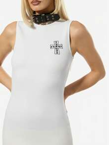 SUMWON WOMEN 哥特式十字图案迷你连衣裙罗纹紧身无袖背心裙节日狂欢街头服饰 - 白色 - 查看 6