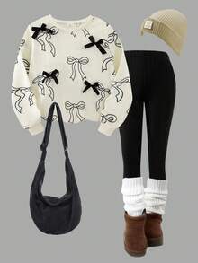 SHEIN Mädchen Pullover mit Schleifen-Muster am Rundhalsausschnitt & einfarbige Hose