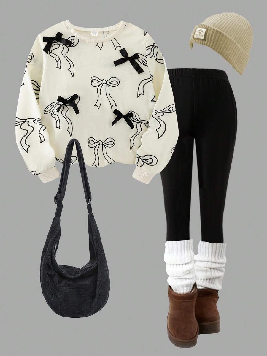 SHEIN Mädchen Pullover mit Schleifen-Muster am Rundhalsausschnitt & einfarbige Hose