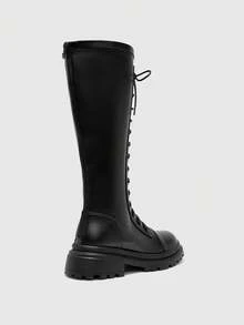 CUCCOO BIZCHIC ​​Lace-Up Knee-High Boots | Glossy Leather Finish | Adjustable Lacing System | Chunky Anti-Slip Sole | Urban Street Style Boots | 2 Pairs, Premium Faux Leather​​ - Black - View 8