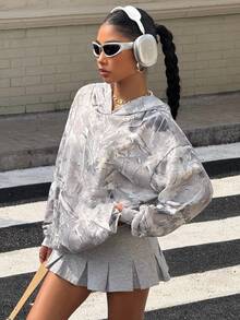 Muchica 秋冬女式针织树枝印花落肩长袖休闲连帽衫 - 彩色 - 查看 1