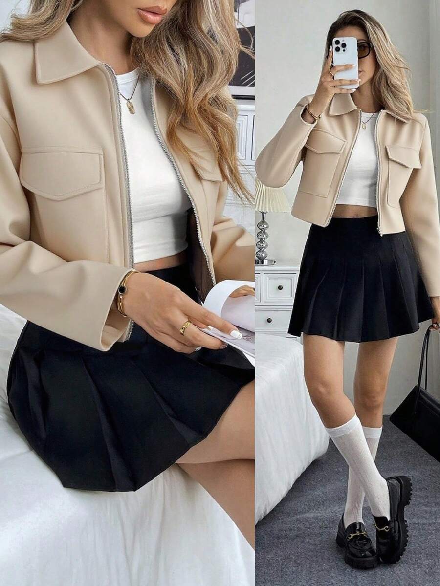 Chiquease Áo khoác nữ dáng ngắn hở vai, màu trơn, có khóa kéo thường ngày - Màu be - Xem 1