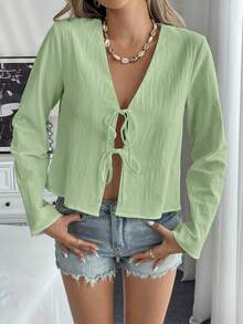 Pariaura 秋季女装休闲纯色系带宽松衬衫，春季休闲款 - 綠色 - 查看 5