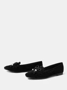 Styleloop Women's Square Toe Flat Black Bow Tassel Soft Bottom Comfortable Retro Loafers, Suitable For Daily Commute And Office Wear - Black - View 3