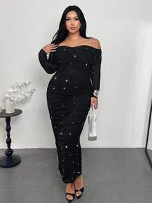 Firerie Plus Size Women's Elegant Black Off-Shoulder Pearl Decor Ruched Fitted Slimming Romantic Party Date Maxi Dress, Valentine's Day/New Year Wedding Dress For Women - Black - View 7