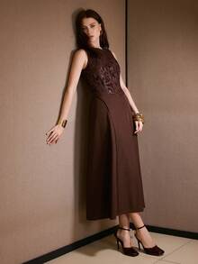MOTF PREMIUM Váy thêu không tay thanh lịch - Cà phê - Xem 1