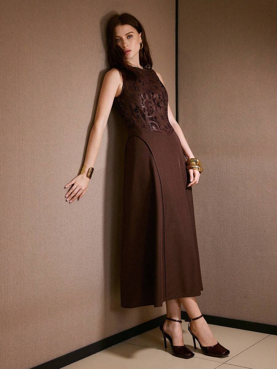 MOTF PREMIUM Váy thêu không tay thanh lịch - Cà phê - Xem 1