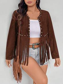 EMERY ROSE Plus Size Jacket With Front Bubble Beads And Tassel Hem, Long Sleeve - Rust Brown - View 6
