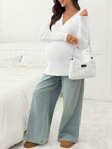 SHEIN Maternity Solid Color Minimalist V-Neck Long Sleeve Sweater, Everyday Smart Casual White Autumn Women Sweater Fall Winter - White - View 5