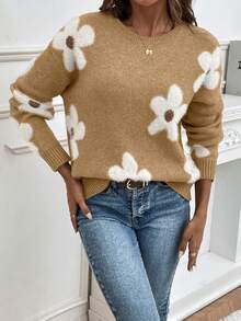 EMERY ROSE Áo len cổ tròn hở vai họa tiết hoa thường ngày dành cho nữ, Thu/Đông - Màu Khaki - Xem 6