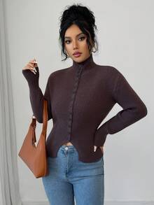 SHEIN Elenzya Cárdigan vintage elegante y versátil con estampado gráfico, ideal para citas, trabajo, oficina, casual de negocios, invierno - Café integral - Ver 6
