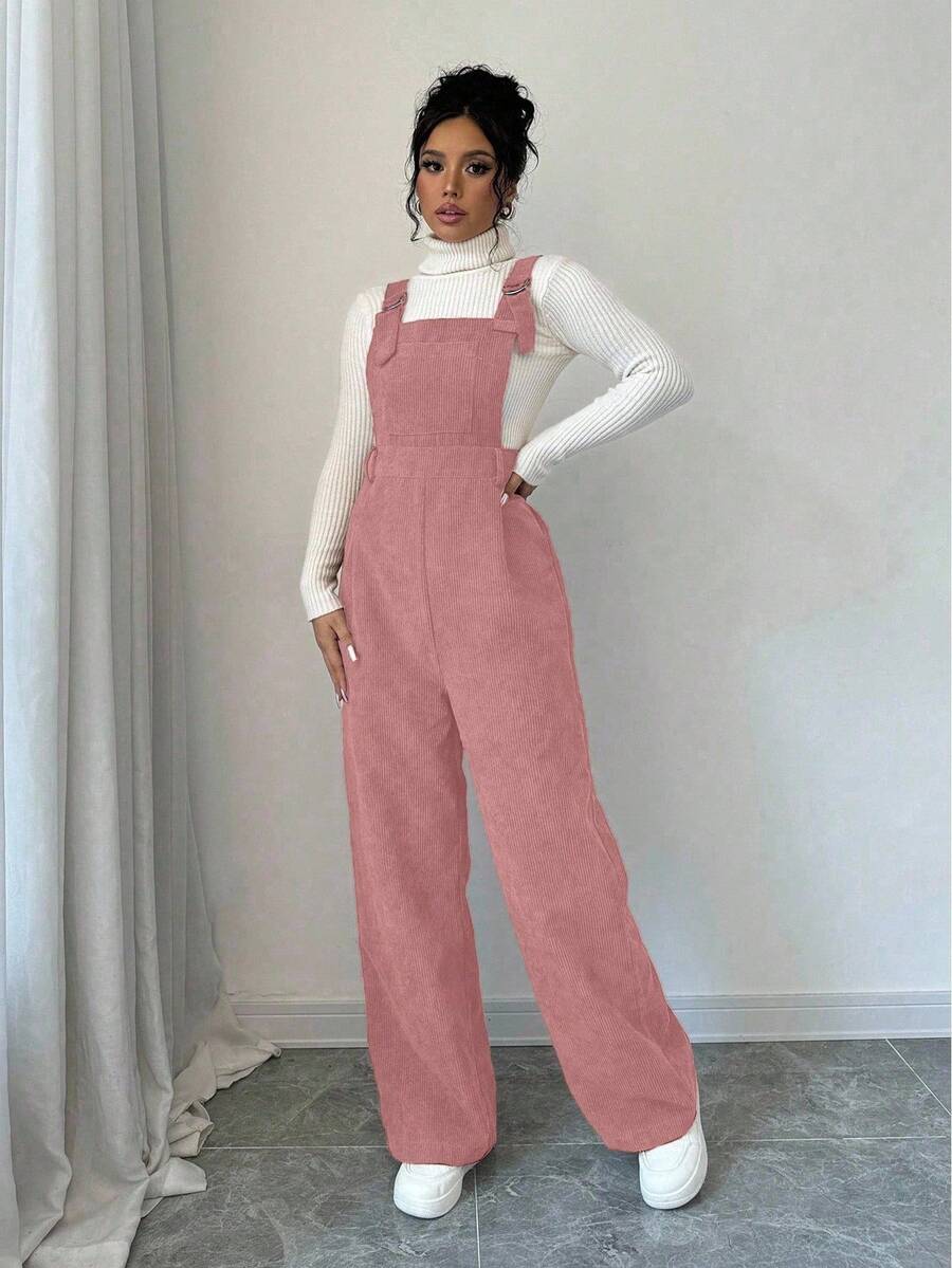 SHEIN LUNE Women's Solid Color Pleated Wide Leg Bib Overalls In Corduroy, Autumn/Winter - Coral Pink - View 1