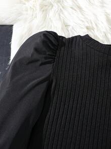 Elladie kids 少女黑色极简拼接罗纹长袖圆领上衣搭配舒适时尚A字裙，秋冬套装 - 黑色 - 查看 4