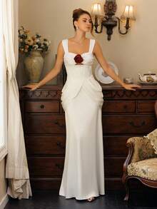 Glamine Charm 女士花卉装饰镂空腰部褶皱腰带秋冬晚礼服 - 白色 - 查看 4