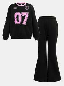 Girlism Conjunto informal de sudadera estampada de punto y pantalones para niña preadolescente - Negro - Ver 8