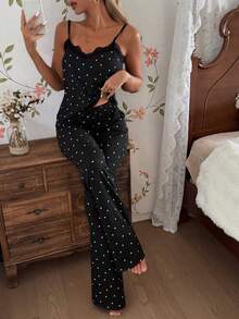 SHEIN HautHeat 女士针织心形印花吊带背心和短裤睡衣套装，性感，适合外穿，四季皆宜 - 黑色 - 查看 5