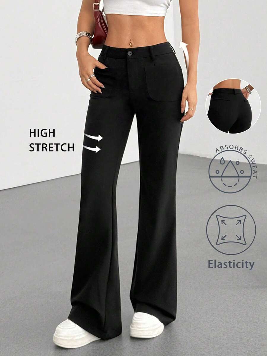 FavEase 2025年新款女士修身优雅休闲喇叭裤 - 黑色 - 查看 1
