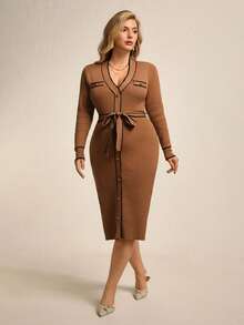 Juhart Vintage Elegant Khaki Color-Blocking Knit Waist Dress,V-Neck Metal Button Retro Black Autumn Formal Dress With Waist Belt For Women Winter - Coffee Brown - View 3