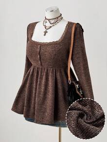 Sunspun Áo len peplum lông nhân tạo cổ vuông tay dài co giãn cao cỡ lớn mùa thu/đông, màu nâu cà phê, cổ điển thanh lịch cho các buổi hẹn hò và tụ tập - Cà phê nâu - Xem 1