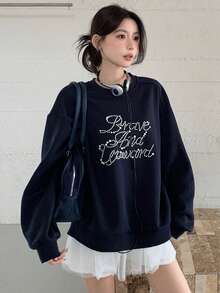 DAZY 女式休闲宽松口号珍珠装饰圆领长袖运动衫，秋冬 - 藏蓝色 - 查看 5