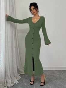 Elenzga 女式前扣喇叭袖修身针织连衣裙 - 軍綠色 - 查看 4
