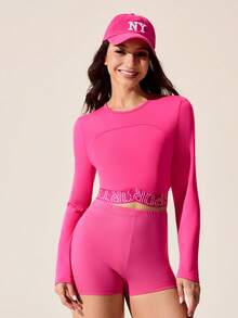Gameset SHEIN Sport 女式圆领插肩袖字母带修身健身运动T恤 - 玫紅色 - 查看 3