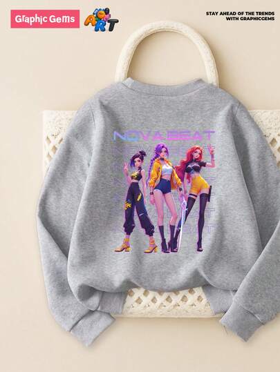 GraphicGems Young Girls' Casual Comfortable Fashionable Versatile Creative K-POP Demon Hunters Cartoon Girl Graphic Thermal Lined Crew Neck Sweatshirt, Suitable For Outings In Autumn/Winter