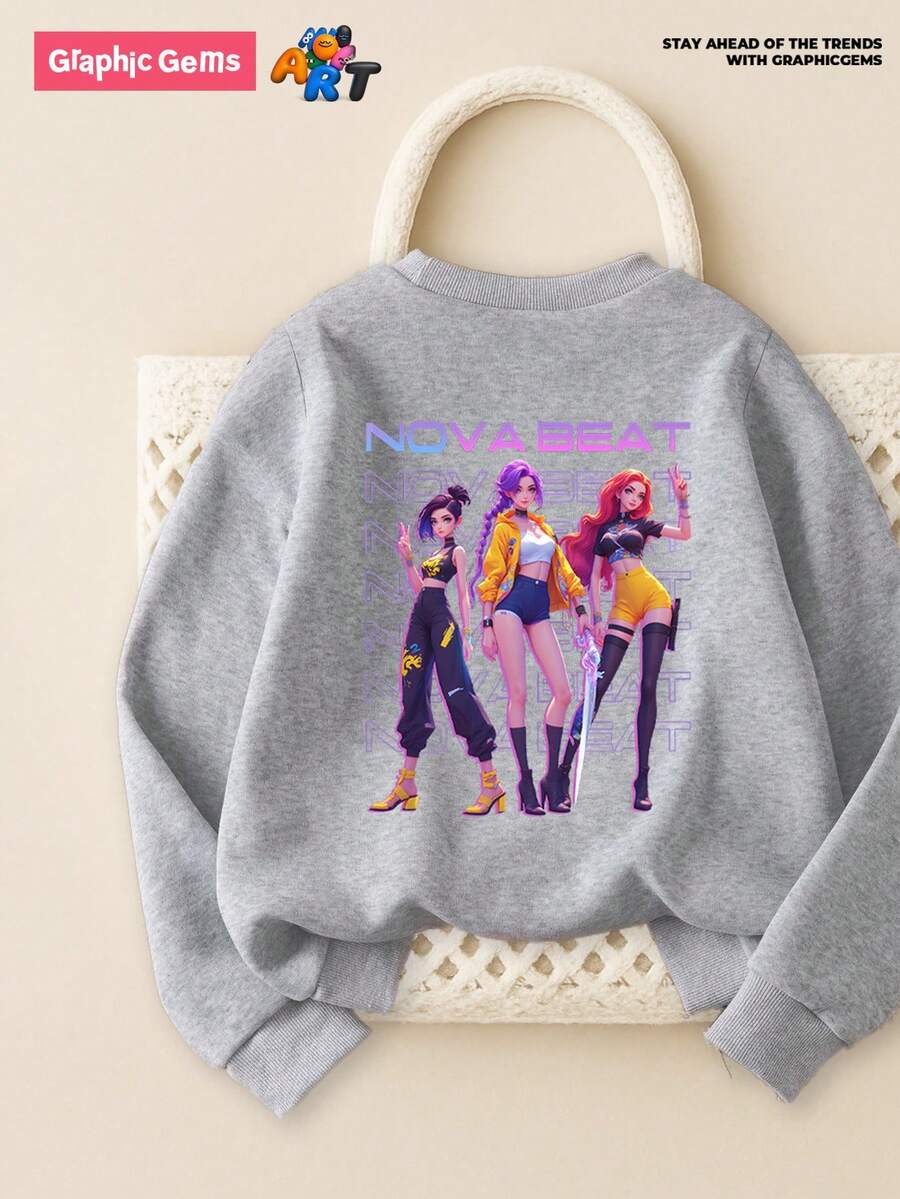 GraphicGems Young Girls' Casual Comfortable Fashionable Versatile Creative K-POP Demon Hunters Cartoon Girl Graphic Thermal Lined Crew Neck Sweatshirt, Suitable For Outings In Autumn/Winter - Grey - View 1