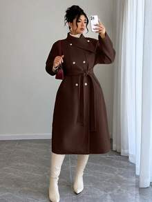 SHEIN PETITE CURVE 秋冬女装时尚百搭纯色双排扣大衣 - 咖啡棕 - 查看 4