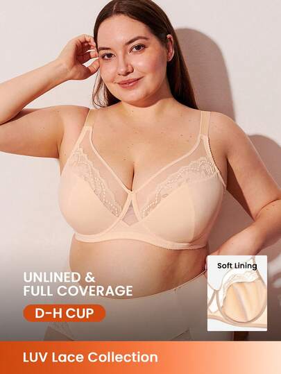 LUVLETTE 大码女士内衣休闲曲线透明全包覆支撑透气钢圈性感无衬里蕾丝优雅网纱显瘦文胸新娘内衣
