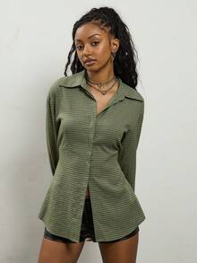 COUREZ 格纹长袖收腰衬衫/女士夏季服装夏季上衣 Y3K Y2K 复古 - 軍綠色 - 查看 4