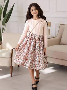 Tween Girls' Floral Print Patchwork Dress With Bow Decor, Autumn - Apricot - View 3