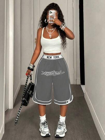 SHEIN PETITE Women's Casual Sports Shorts With Colorful Patchwork Decoration, New York Design