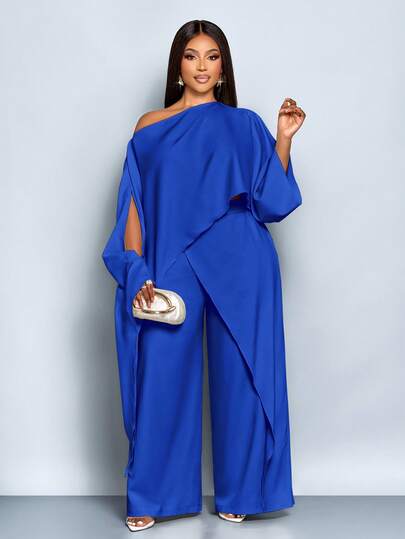 SOLERSUN Conjunto de 2 piezas de moda de talla grande para mujer, estilo casual de calle, unicolor, cuello asimétrico, abertura lateral, manga tipo murciélago suelta y pantalón de pierna ancha, para primavera/otoño, con elemento de chal, ropa de otoño e invierno, Halloween, Navidad, Año Nuevo, graduación, coordinados, conjuntos casuales para mujer, bajo de pañuelo