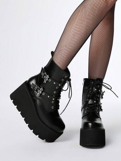 Women's Thick Sole Short Boots - Summer Fashion Punk Style Dark Series . Buckle Double Strap Boots - Comfortable & Convenient Side Zipper Short Boots