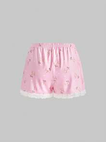 ROMWE Kawaii Conjunto de pijama de camiseta de tirantes y pantalones cortos con encaje y diseño de ciervos lindos y dulces - Albaricoque - Ver 6