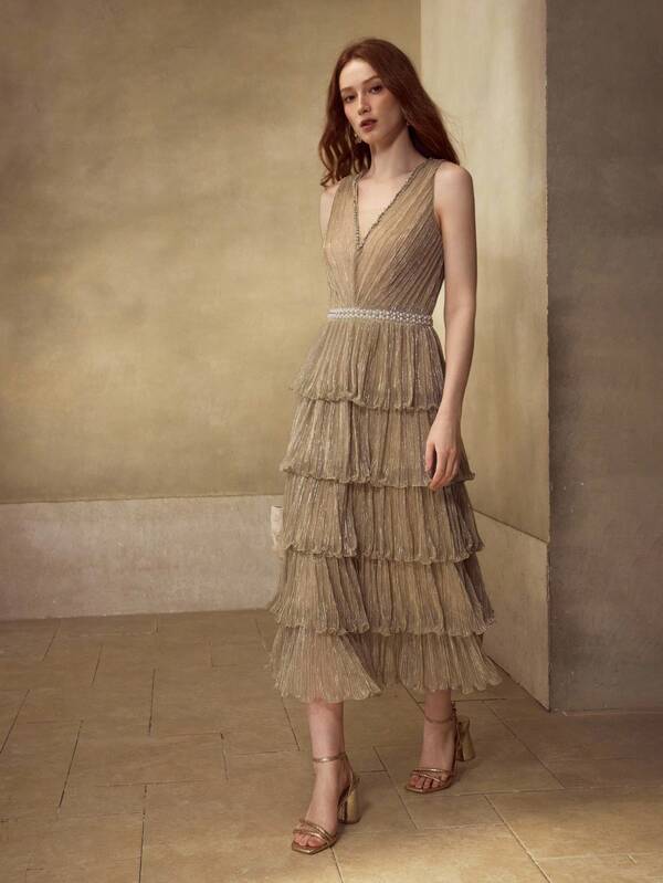 MOTF PREMIUM VESTIDO DE CÓCTEL CON CUELLO EN V Y VOLANTES PARA MUJER