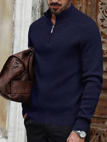 Manfinity Bizformal Men's Solid Color Half-Zip Long Sleeve Casual Knit Pullover Sweater - Navy Blue - View 3