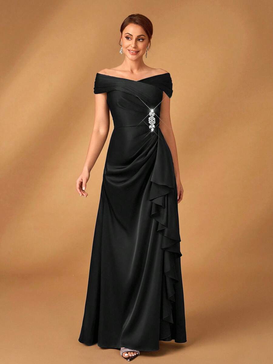 Serin Elegant Luxurious Navy Blue Satin Off Shoulder Pleated A-Line Asymmetric Ruffle Hem Dress, Suitable For Evening Parties, Galas, Weddings, Bridal Mother Gowns Mother Of Groom Dress Black Formal Evening Gown - Black - View 1