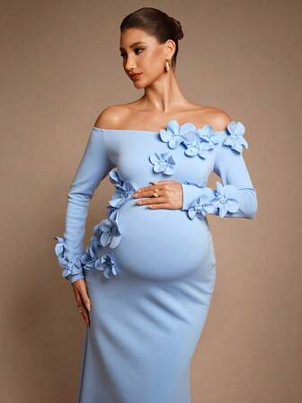 MaterniChic Elegant Off-Shoulder Floral Decor Maternity Party Dress Luxury Evening Dress  Chic Evening Dress Elegant   Baby Shower Dress Baby Blue Maternity Dress