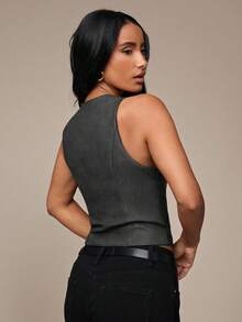 SHEIN BAE Women's Solid Color Round Neck Sleeveless Hollow Out Zipper Fitted Tank Top - Dark Grey - View 2